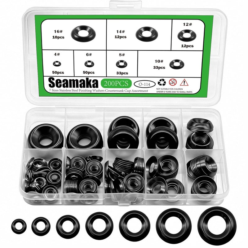 Seamaka 200 Pcs Black Finish Washers 7 Sizes 304 Stainless Steel Finishing Washers Countersunk Cup Assortment-#4#6#8#10#12#14#16 - Image 1